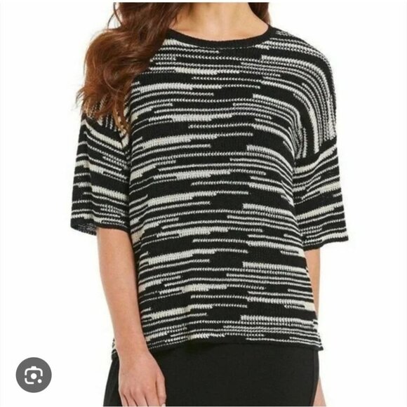 EILEEN FISHER | Organic Linen Cotton Striped Pullover Sweater Black White Sz L - Picture 2 of 5